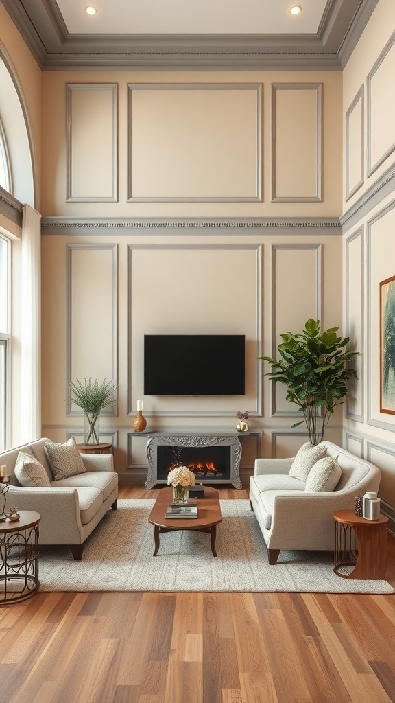beige wall panels with gray trim