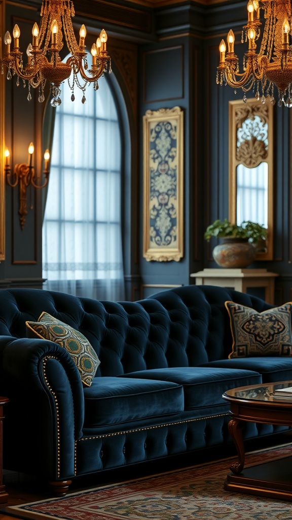 luxury lounge with dark blue velvet