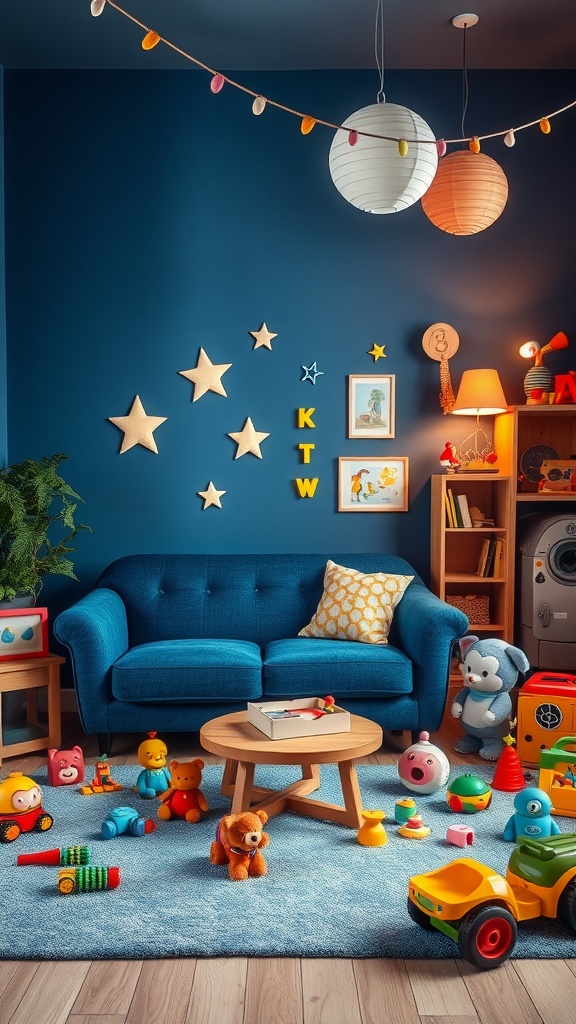 whimsical playroom with dark blue sofa